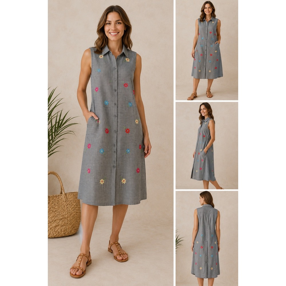 Carolina Colours Floral Embroidered Gingham Sleeveless Shirt Dress Cotton 10